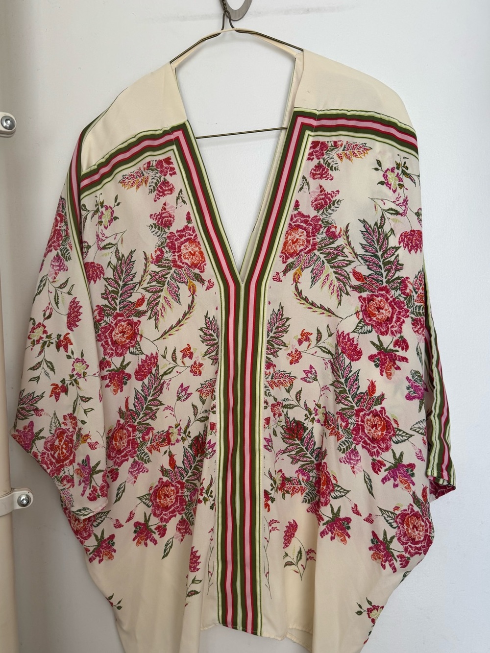 Rose + Olive Floral V-Neck Kimono Top - Cream with Pink & Green Floral Print, L - Picture 3 of 6